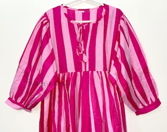 Vibrant Pink & Striped Hand-Block Cotton Dress - Bohemian Summer Maxi - Available in Midi And Mini Lengths. Balloon Sleeve.