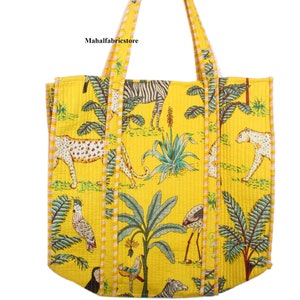 Gelb Dschungel Druck Einkaufstasche Indische Handgefertigte Baumwolle Einkaufstasche Frauen Einkaufstasche Handgemachte Block Gedruckt Gesteppte Schultertasche Indische Tasche