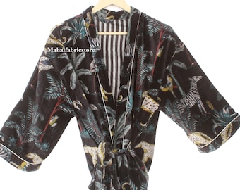 Zwart fluwelen kimonobadjas: jungledierenprint, boho loungewear