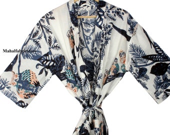Kimono de algodón con estampado de búho: vestido largo bohemio, bata de dama de honor