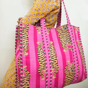 pink tiger print tote Bag Indische Handgefertigte Baumwolle Einkaufstasche Frauen Einkaufstasche Handgemachte Block Gedruckte Gesteppte Schultertasche Indische Tasche