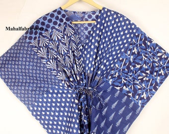 Vestido caftán de algodón con estampado floral azul: bata turca larga