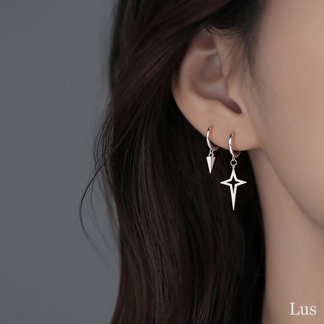 Star Huggie Earrings, Mismatched Hoop Earrings Silver, Minimalist