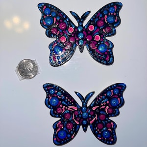 Butterfly Magnets set of 2, hand painted refrigerator magnets, approximately 3.5 inch wide, 3D blob mandala style