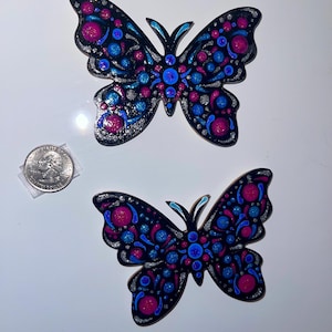 Butterfly Magnets set of 2, hand painted refrigerator magnets, approximately 3.5 inch wide, 3D blob mandala style