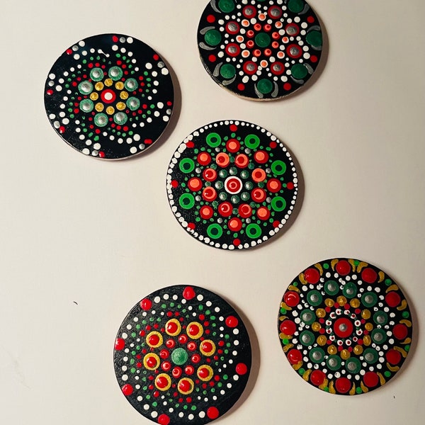 5 Christmas Mandala Magnets , FREE bonus, refrigerator magnets, 2 inch mandala paintings, free bonus with first order