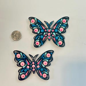Butterfly Magnets set of 2, hand painted refrigerator magnets, approximately 3.5 inch wide, 3D blob mandala style