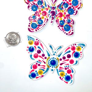 Butterfly Magnets set of 2, hand painted refrigerator magnets, approximately 3.5 inch wide, 3D blob mandala style