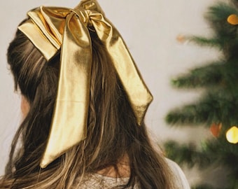 Metallic Gold Hair Bow: Long Tail Holiday Clip
