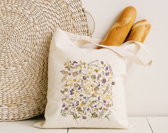 Wildflower Cotton Tote Bag, Vintage Floral Botanical Design