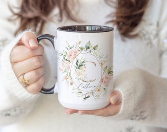 Custom Monogram Initial Name Mug, personalized Floral Ceramic Coffee Cup , Bridesmaid Gift