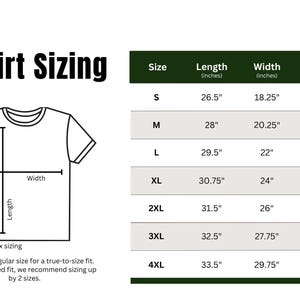May include: T-shirt sizing chart with measurements in inches for sizes S through 4XL. The chart shows the length, width, and sleeve length of each size.