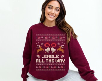 Reindeer Christmas Sweatshirt, Holiday Crewneck, 'Jingle All The Way'