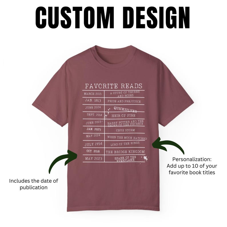 May include: A maroon t-shirt with a white graphic that says "Favorite Reads" and lists book titles with their publication dates. The graphic includes the text "Personalization: Add up to 10 of your favorite book titles".
