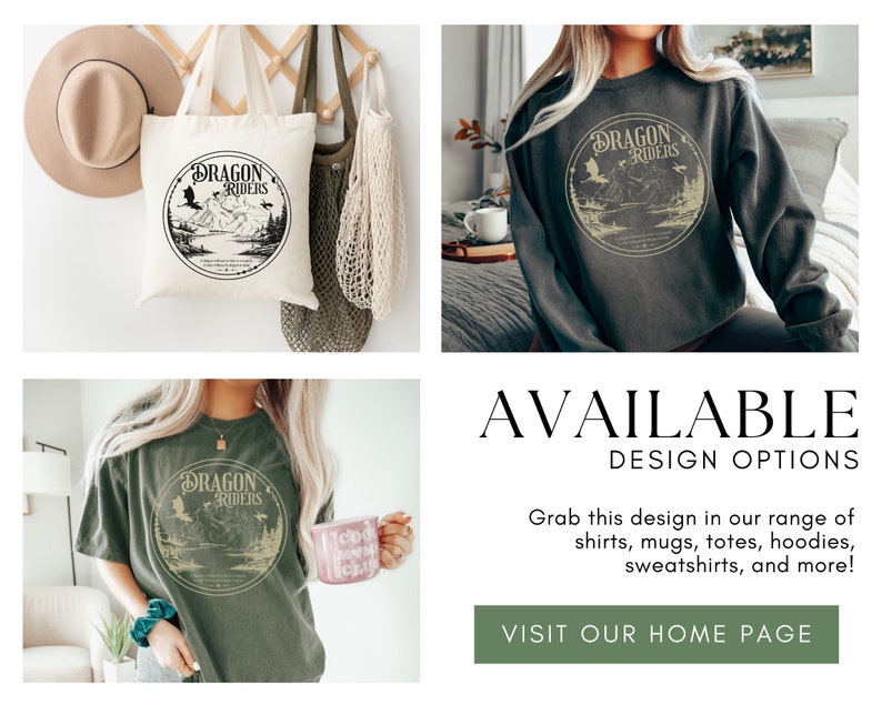 May include: A green t-shirt with a black and white graphic of a mountain scene with the text "Dragon Riders" in a circle. The t-shirt is available in a variety of styles, including shirts, mugs, totes, hoodies, sweatshirts, and more.