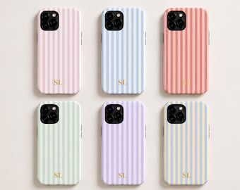 Personalisierte gestreifte Handyhülle, iPhone Samsung mit benutzerdefinierten Monogramm Initialen, Slim Tough Schutz