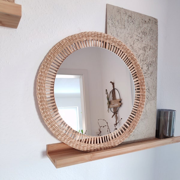 Boho-Spiegel | Wandspiegel 38cm | Spiegeldurchmesser 30cm| Boho Deko | runder Natur Spiegel | Wandspiegel rund | Rattanspiegel | Bastspiegel