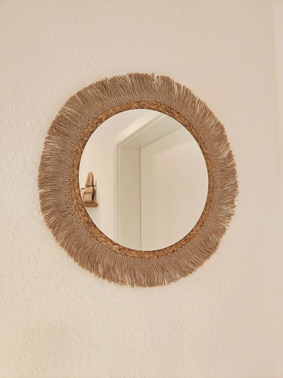Boho-Spiegel | Wandspiegel 35cm | Spiegeldurchmesser 25cm| Boho Deko | runder Natur Spiegel | Wandspiegel boho | Rattanspiegel | Jutespiegel