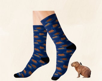 Capybara Swimming socks, cute capybara, kawaii animal drawings, gift for women, capy gift for men, funny comfy animal unisex crew socks