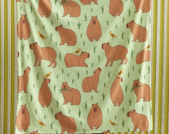 Capybara in Grass Blanket, Cute Velveteen Plush Blanket, Capybara Gift, Couch Sofa Bed Blanket, Comfy Couch Throw Blanket, Daughter Son Gift