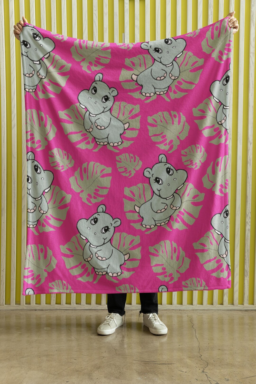 Cute Hippo Pattern Print Hooded Blanket