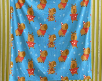 Capybara Winter Christmas, Cute Velveteen Plush Blanket, Capybara Gift, Couch Sofa Bed Blanket, Comfy Couch Throw Blanket, Daughter Son Gift