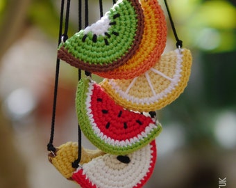 6 PATTERNS for fruit-shaped necklaces (CROCHET). Watermelon, Kiwi, Lemon, Pineapple, Peach, and Apple. (PDF pattern in English & Spanish)
