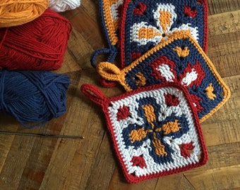 Crochet PATTERN Pot holder with small flower print. Crochet PATTERN for small Pot holder with flower drawing (spanish).