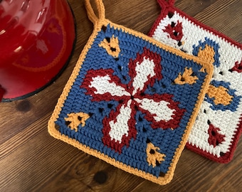 Crochet PATTERN Pot holder with medium flower print. Crochet PATTERN for Pot holder with flower drawing (spanish).