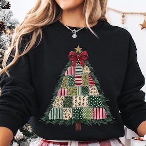 Patchwork Christmas Tree Sweatshirt, Cozy Holiday Shirt, Festive Winter Gift