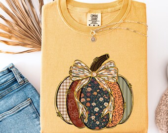 Coquette Fall Shirt Pumpkin Bow Tshirt Halloween T-Shirt Autumn Faux Patchwork Tee October Pumpkin Patch Shirt for Women Comfort Colors®