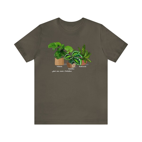 Calathea Trio T-shirt with original design of Calathea Orbifolia, Medallion, and Rattlesnake.  Great gift for Calathea lovers!