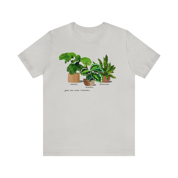 Calathea Trio T-shirt with original design of Calathea Orbifolia, Medallion, and Rattlesnake.  Great gift for Calathea lovers!