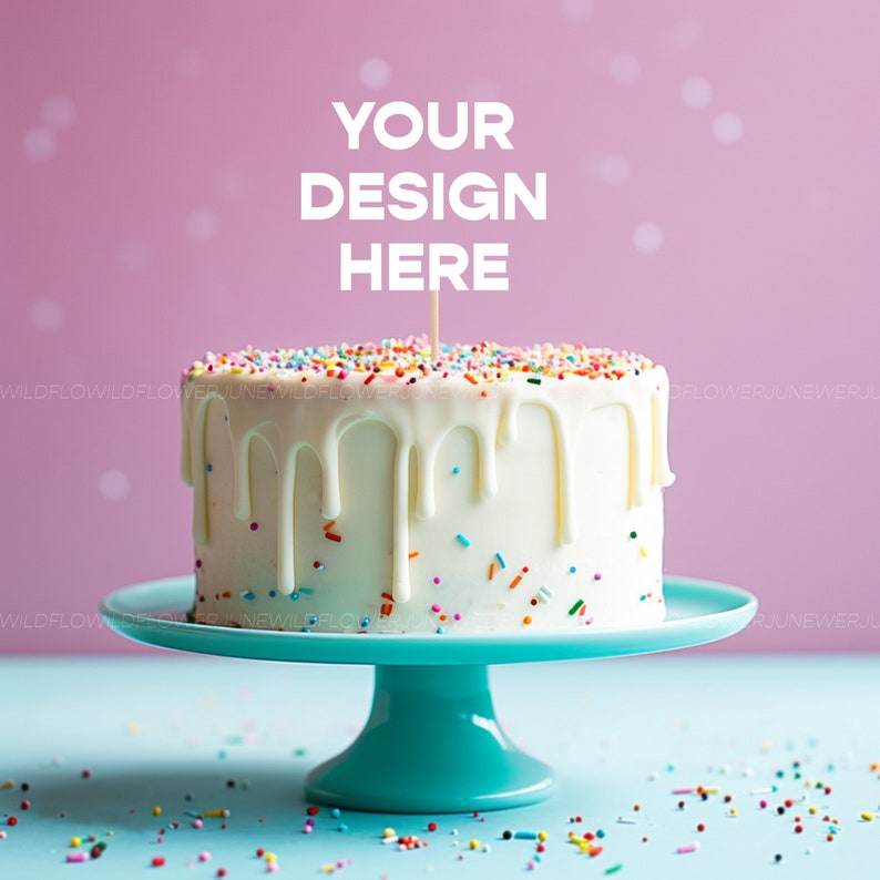 Puede incluir: Un pastel blanco con glaseado blanco y chispas de colores en un soporte para pastel turquesa. El pastel est&aacute; decorado con las palabras "YOUR DESIGN HERE" en la parte superior.