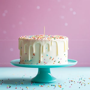 Puede incluir: Un pastel blanco con glaseado blanco y chispas de colores en un soporte para pastel turquesa sobre un fondo rosa.
