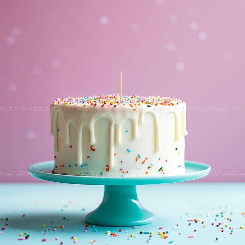Puede incluir: Un pastel blanco con glaseado blanco y chispas de colores en un soporte para pastel turquesa sobre un fondo rosa.