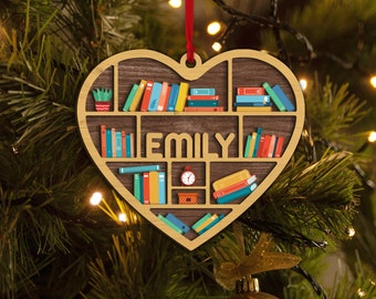 Personalized Bookshelf Layered Wood Ornament, Custom Book Christmas Tree Ornament, Book Christmas Home Decor, Xmas Gift for Book Lover