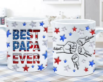 Personalized Dad 3D Inflated Effect Mug, Fist Bump Mugs, Custom Kids Names Coffee Mug, Best Dad Ever Mug, Fathers Day Gift for Dad, Granpa