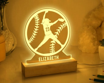 Personalized Softball Night Light, Custom Softball Player Acrylic Night Light, Softball Room Decor, Softball Gift for Girl, Daughter, Team