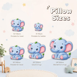May include: A size chart for elephant-shaped pillows featuring five blue and pink cartoon elephants. Sizes listed are 4 inches/10 cm, 12 inches/30 cm, 16 inches/40 cm, 20 inches/50 cm, and 24 inches/60 cm. The text Pillow Sizes is at the top right.