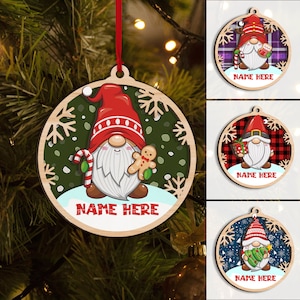 Personalized Gnome Layered Wood Ornament, Custom Gnome Christmas Tree Ornament, Cute Gnome Christmas Home Decor, Xmas Gift for Family