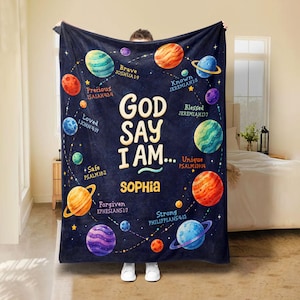 God Says I Am Baptism Blanket Space Galaxy, Personalized Name With Bible Verses Blanket, Inspirational Scripture Gift, Religious Christian