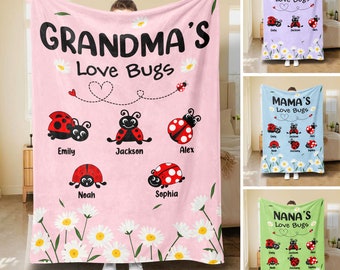 Personalized Grandma Blanket, Custom Grandma's Love Bugs Soft Cozy Sherpa Fleece Throw Blankets, Mother's Day Gift for Grandma, Mom, Nana