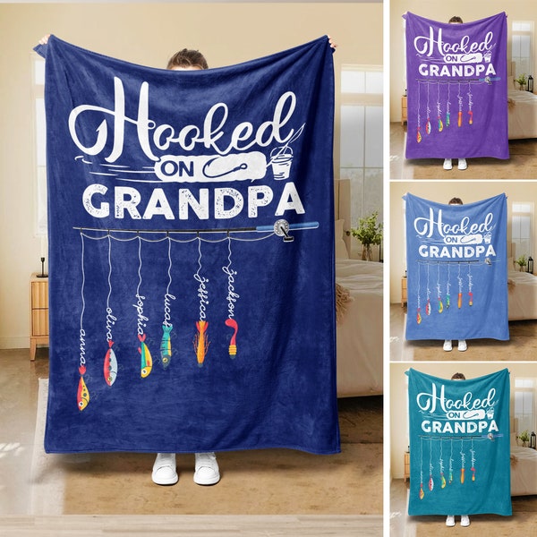 Personalized Fishing Dad Blanket, Hooked On Daddy Blanket, Custom Soft Cozy Sherpa Fleece Throw Blanket, Fathers Day Gift for Dad, Grandpa