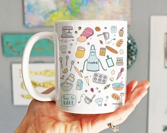 Personalized Baking Mug, Baking/Cooking Elements Coffee Mug, Custom Name Coffee Cup, Gift for Baking Lover, Baker, Mom, Sister, Daughter