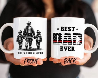 Personalized Firefighter Dad Mug, Best Dad Ever Mugs, Custom Kids Names Coffee Mug, Father's Day Gift for Fireman, Grandpa, Dad, Husband