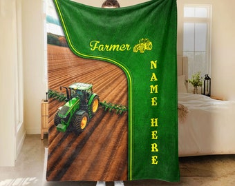 Personalized Tractor Blanket, Farm Blanket, Custom Name Soft Cozy Sherpa Fleece Throw Blankets, Gift for Grandpa, Dad, Husband, Farmer, Kid
