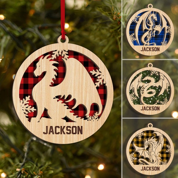 Personalized Dragon Layered Wood Ornament, Custom Dragon Christmas Tree Ornament, Dragon Christmas Home Decor, Xmas Dragon Gift for Kid, Boy