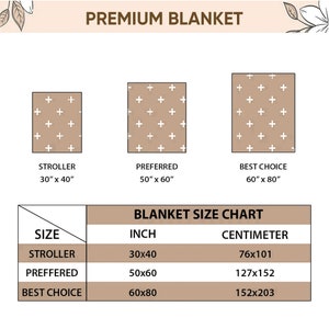 May include: A chart showing the different sizes of premium blankets available. The chart shows the size in inches and centimeters. The sizes are: stroller (30x40 inches, 76x101 centimeters), preferred (50x60 inches, 127x152 centimeters), and best choice (60x80 inches, 152x203 centimeters).