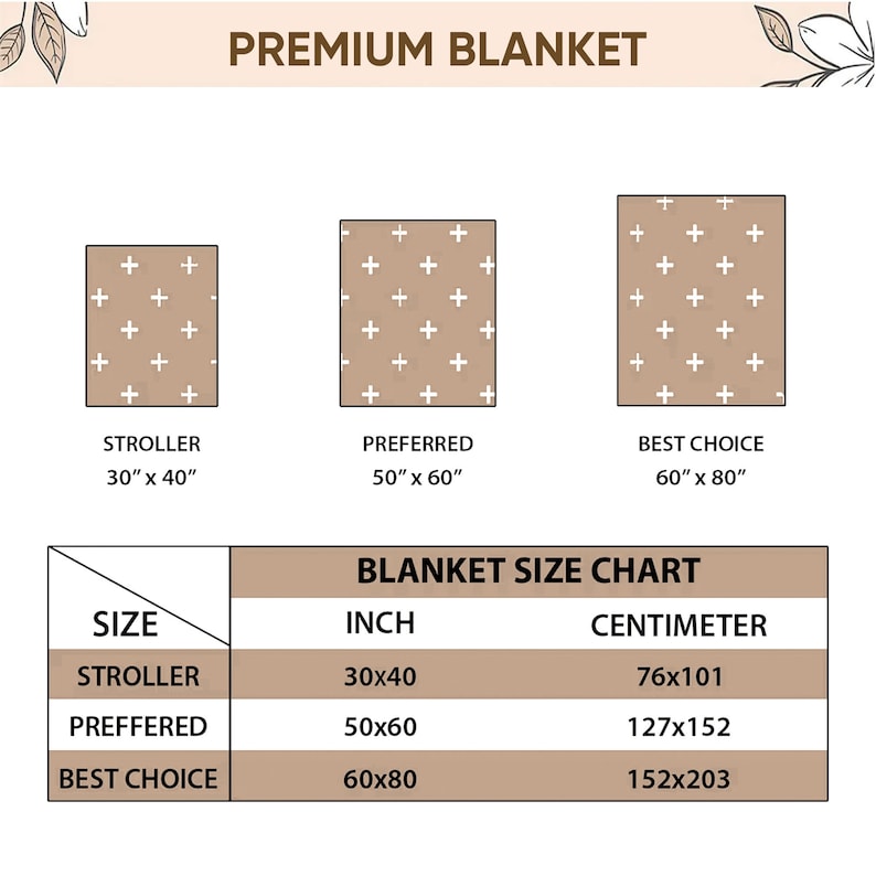 May include: A chart showing the different sizes of premium blankets available. The chart shows the size in inches and centimeters. The sizes are: stroller (30x40 inches, 76x101 centimeters), preferred (50x60 inches, 127x152 centimeters), and best choice (60x80 inches, 152x203 centimeters).